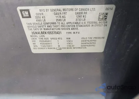 2014 Chevrolet Equinox 1Lt from USA, damaged, VIN 2GNALBEK1E6370431